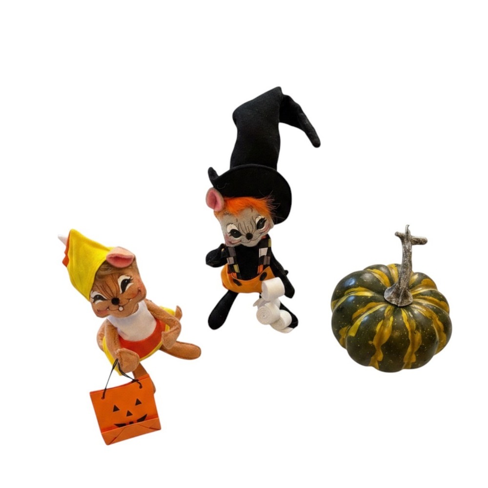 Vintage 1950s Halloween Japan Felt Mouse Witch Candy Corn Mid Century Pair Decor